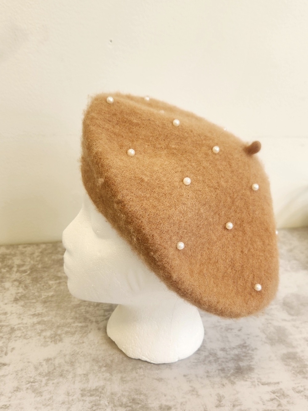 Zara Wool Beret Camel Embellised Faux Pearls S/M Quiet Luxury Glam